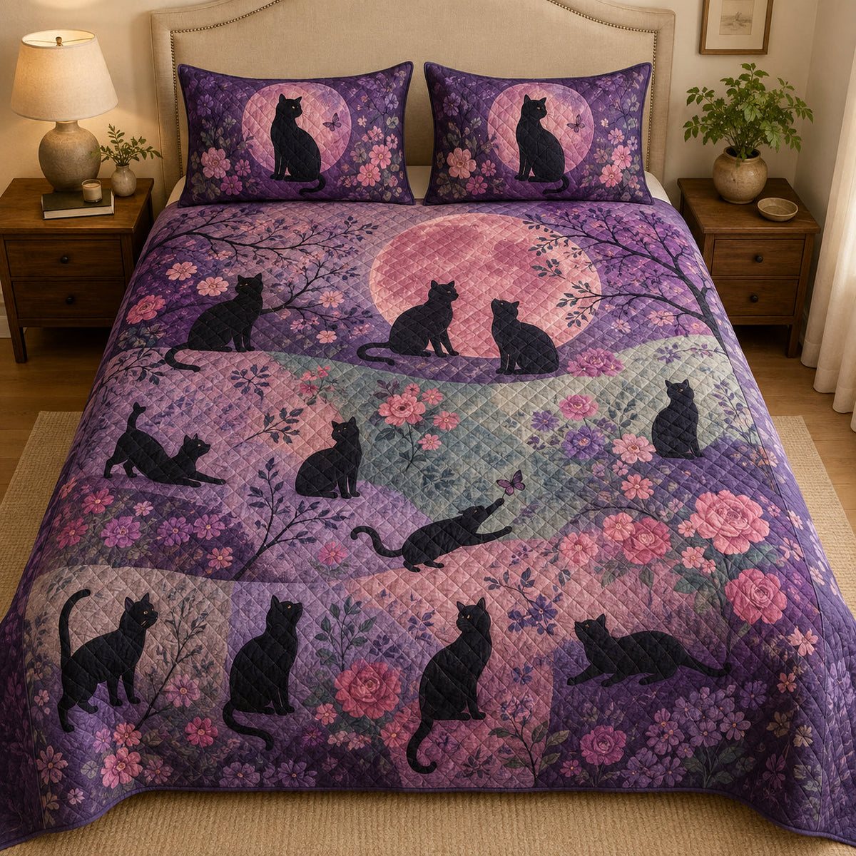 Black Cat Floral Moon Quilt Set