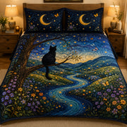 Black Cat Moonlight Garden quilt design with coordinating pillow shams