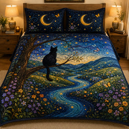 Black Cat Moonlight Garden Quilt Set