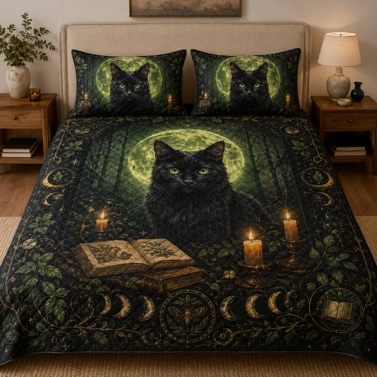 Black Cat Moonlight Quilt Set