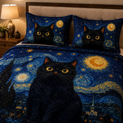 Black Cat Starry Night quilt design with coordinating pillow shams