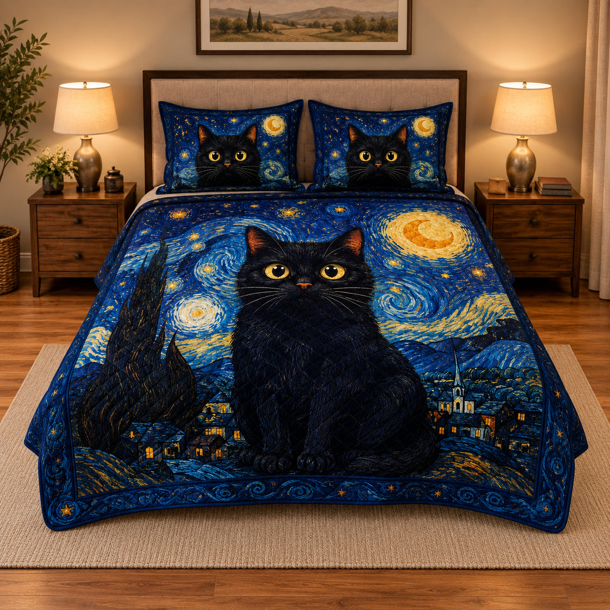 Black Cat Starry Night quilt set in a square bedroom view with matching cat pillow shams