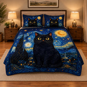 Black Cat Starry Night quilt set in a square bedroom view with matching cat pillow shams
