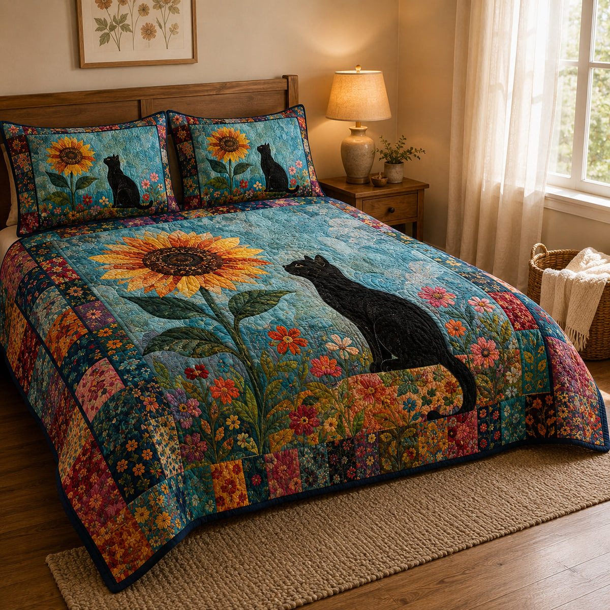 Black Cat Sunflower Floral quilt design with coordinating pillow shams