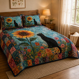 Black Cat Sunflower Floral Quilt Set