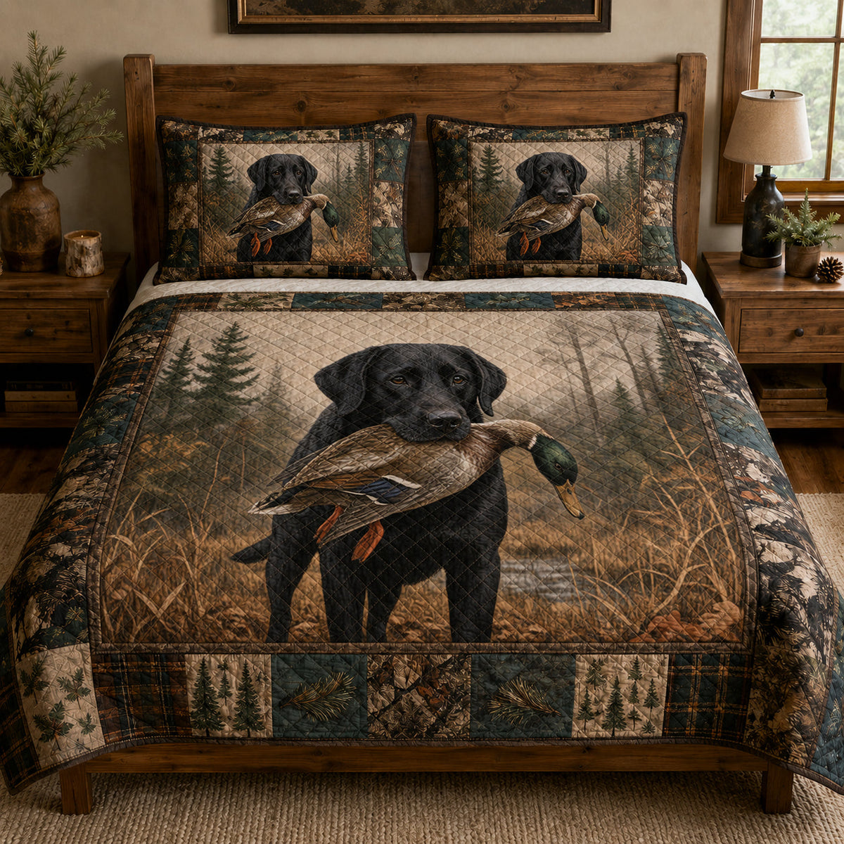 Black Labrador Duck Hunting Rustic quilt design with coordinating pillow shams