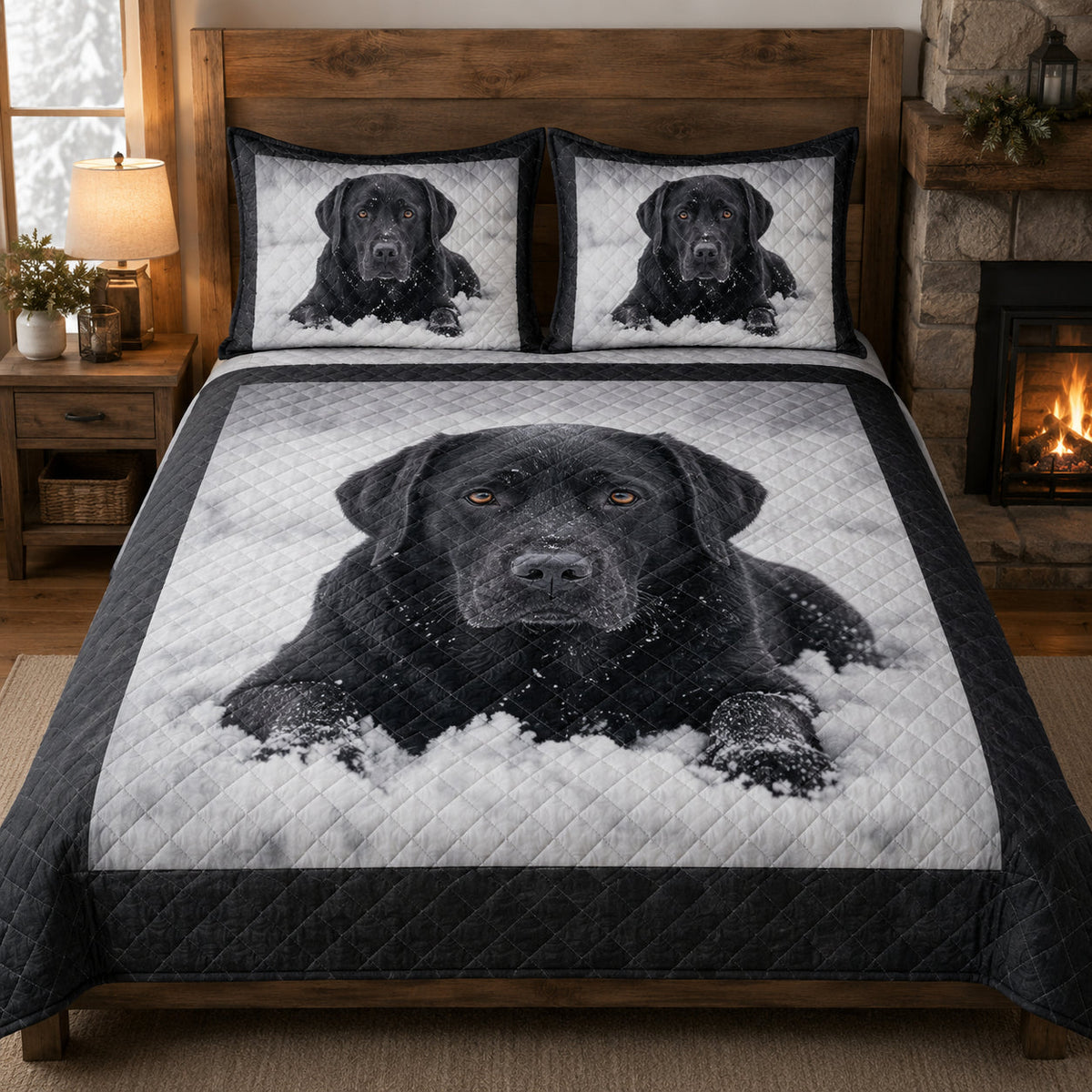 Black Labrador Winter Snow quilt design with coordinating pillow shams