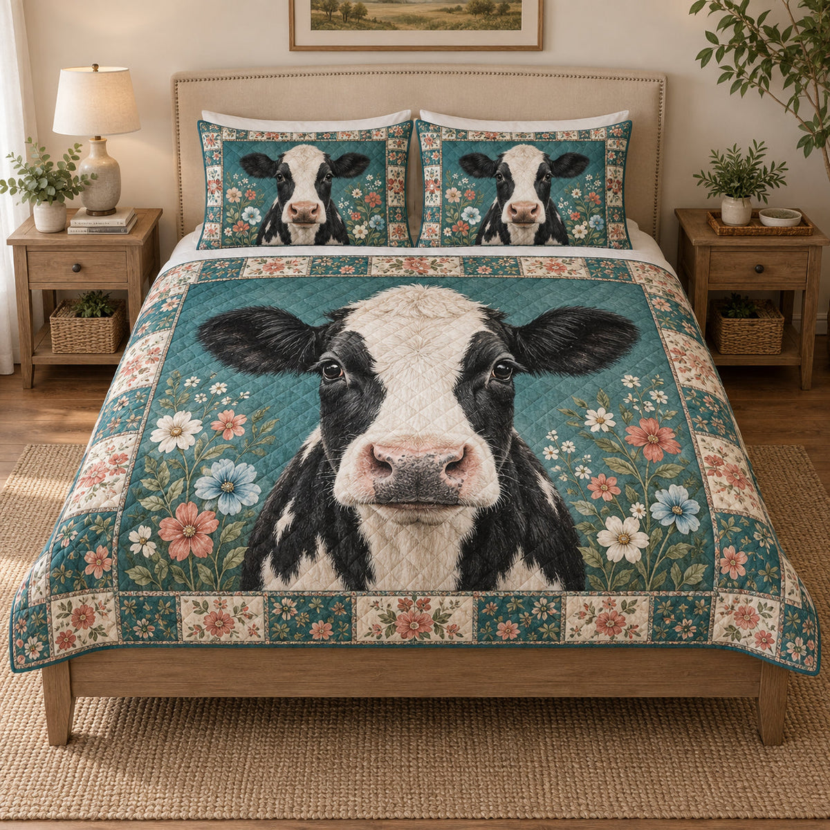 Black and White Cow Floral quilt design with coordinating pillow shams