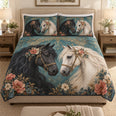 Black & White Horse Floral Quilt Set