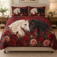 Black & White Horses Red Rose Quilt Set