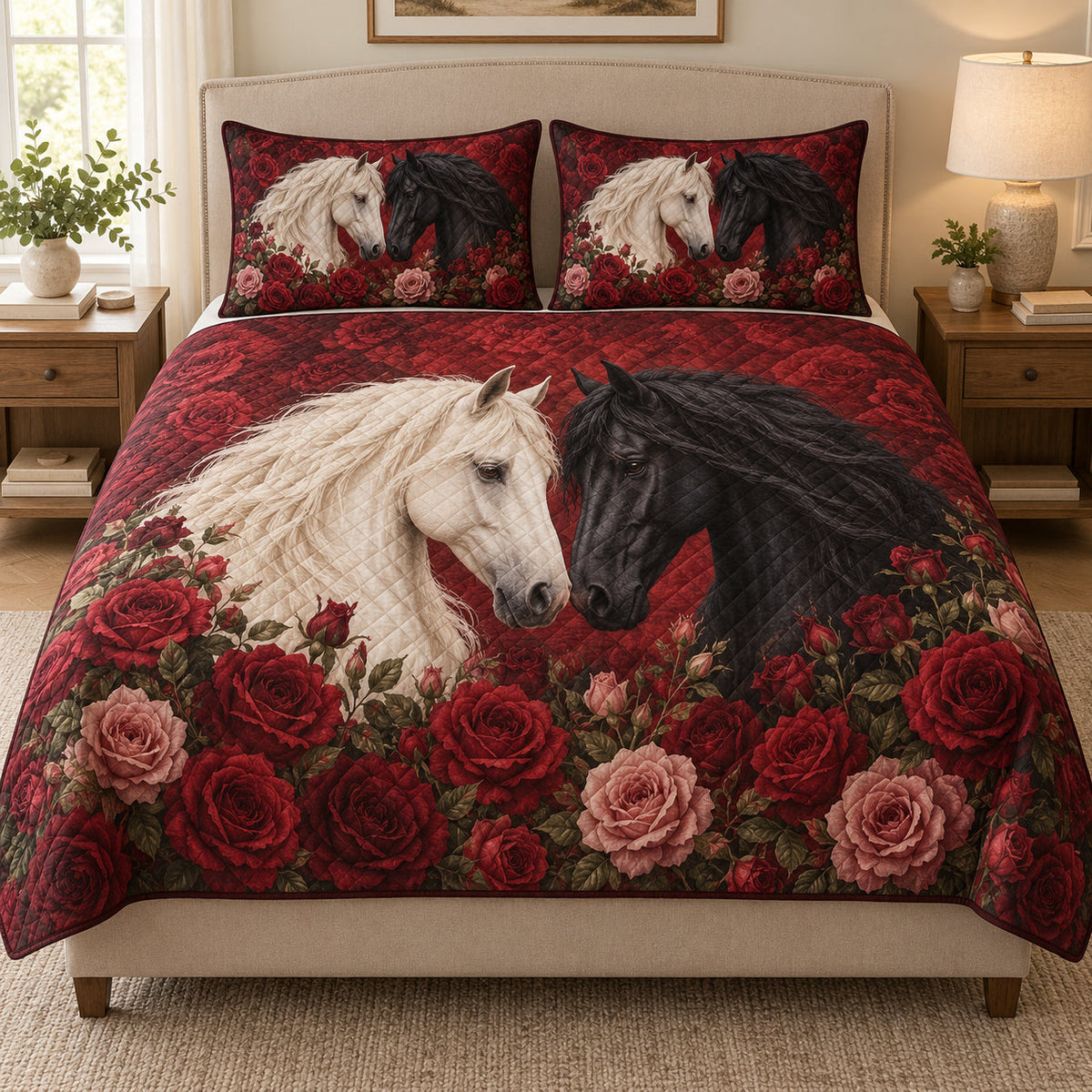 Black & White Horses Red Rose Quilt Set