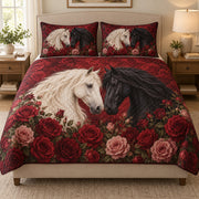 Black and White Horses Red Rose quilt design with coordinating pillow shams