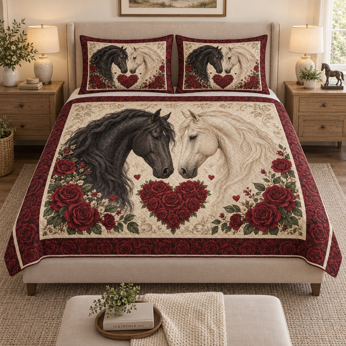 Black & White Horse Heart Rose Quilt Set