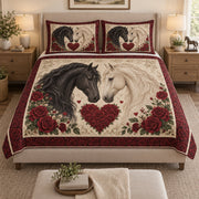 Black and White Horse Heart Rose quilt design with coordinating pillow shams