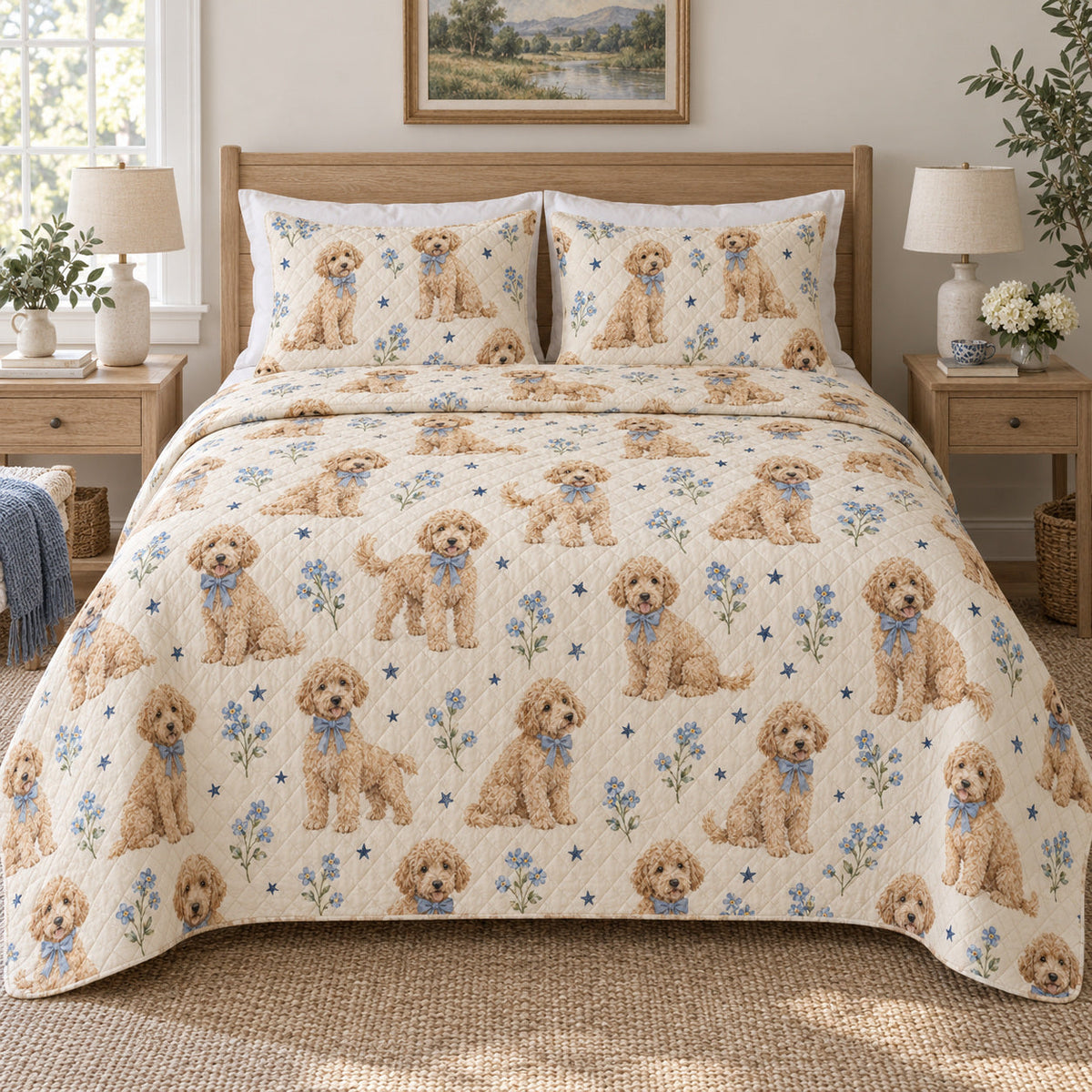 Blue Bow Starlight Goldendoodle Starry Garden Quilt Set