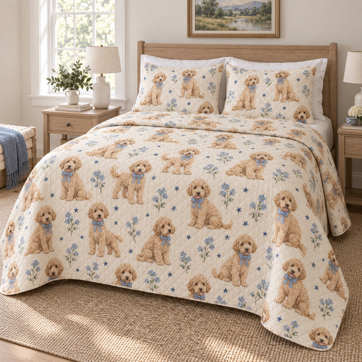 Blue Bow Starlight Goldendoodle Starry Garden Quilt Set, angled goldendoodle starry garden bedroom view