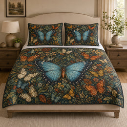 Blue Butterfly Botanical Quilt Set