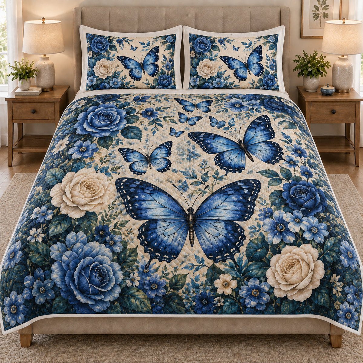 Blue Butterfly Rose quilt design with coordinating pillow shams