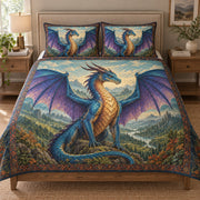 Blue Dragon Mountain Fantasy Quilt Set: bedroom mockup showing the quilt design and coordinating pillow shams
