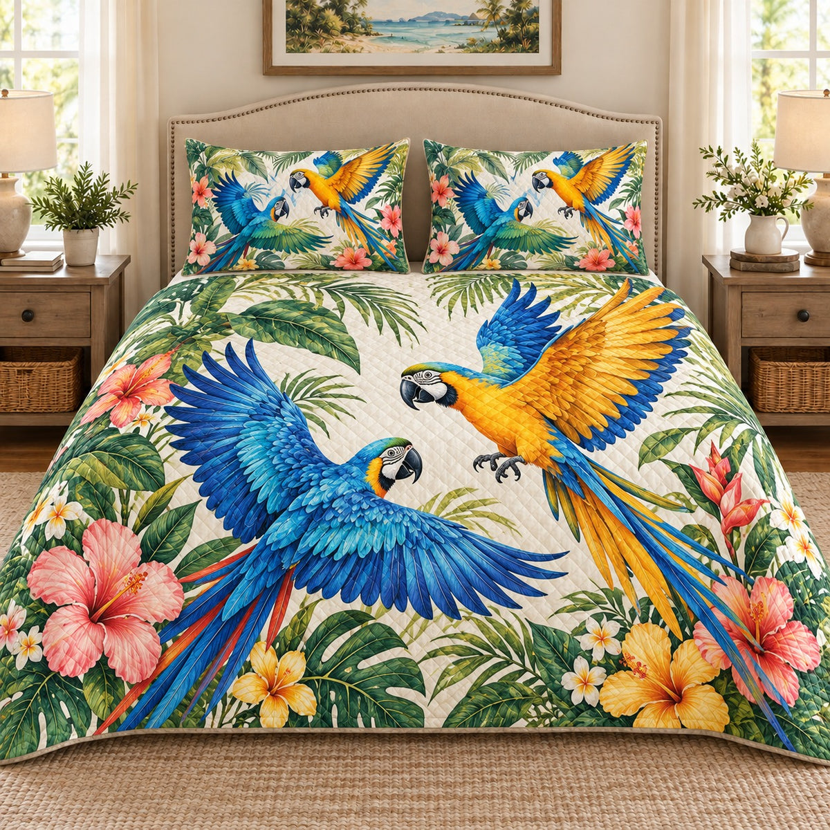 Blue and gold macaw tropical quilt set, view 1, AI-generated product mockup