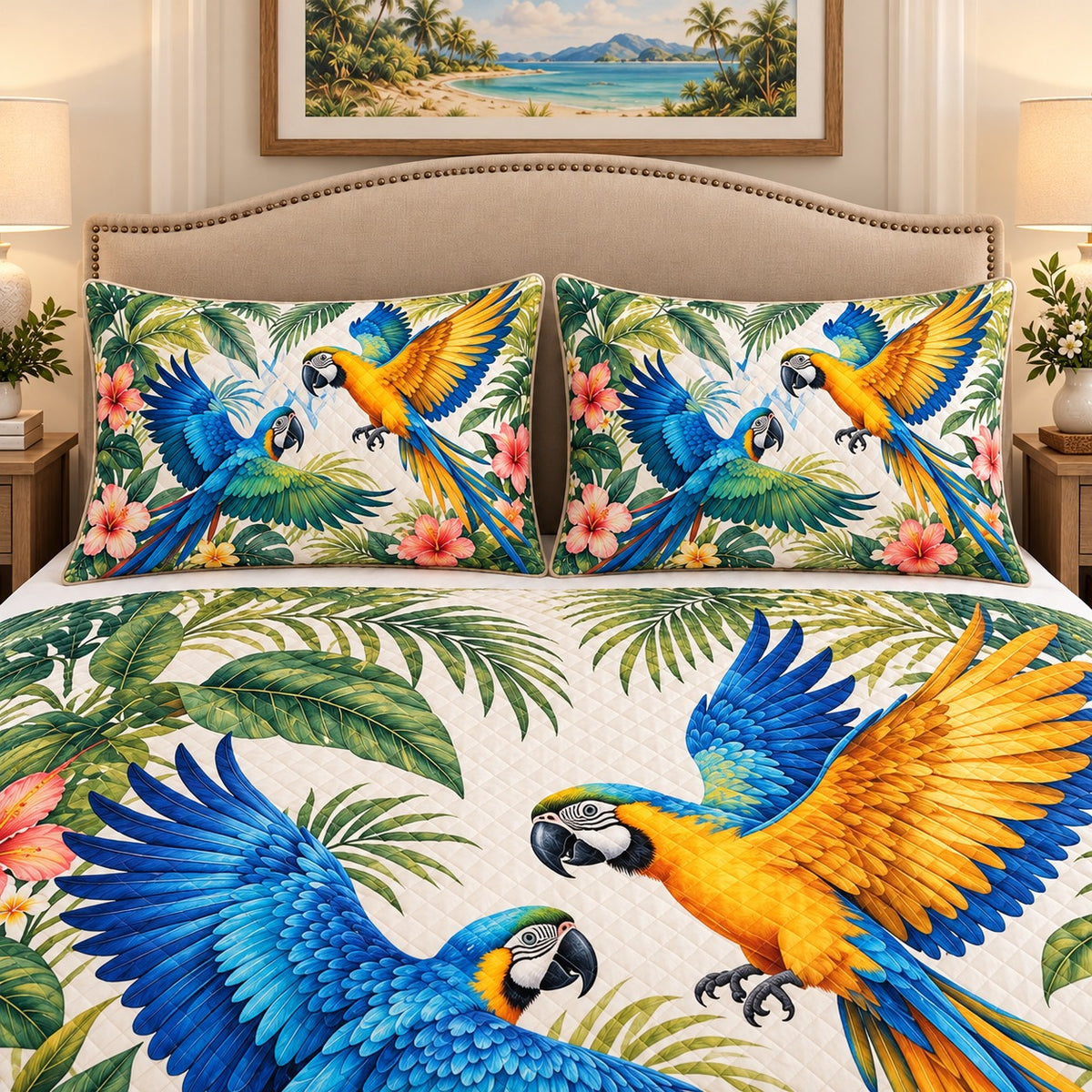 Blue and gold macaw tropical quilt set, view 2, AI-generated product mockup