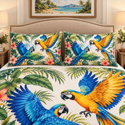 Blue and gold macaw tropical quilt set, view 2, AI-generated product mockup