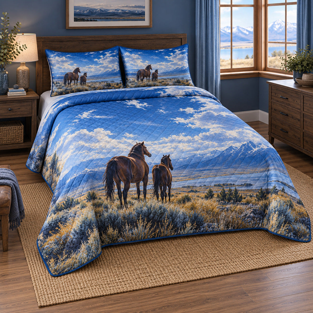 Blue Horizon Horses Horse Open Landscape Quilt Set, angled horse open landscape bedroom view