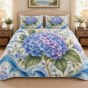 Blue hydrangea ocean wave quilt set, view 1, AI-generated product mockup