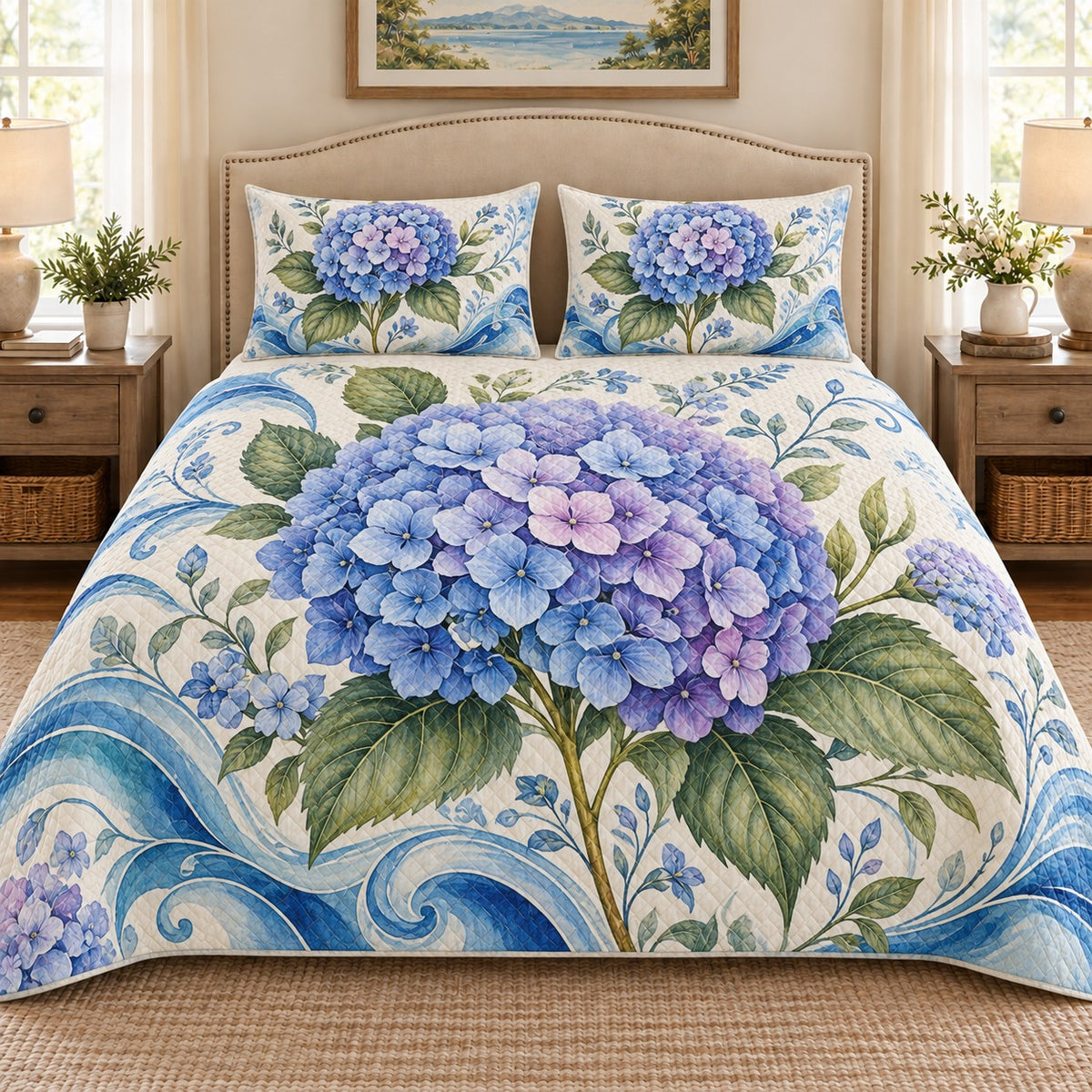 Blue hydrangea ocean wave quilt set, view 1, AI-generated product mockup
