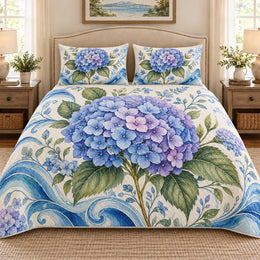 Blue Hydrangea Wave Quilt Set, Coastal Gift for Hydrangea Lovers