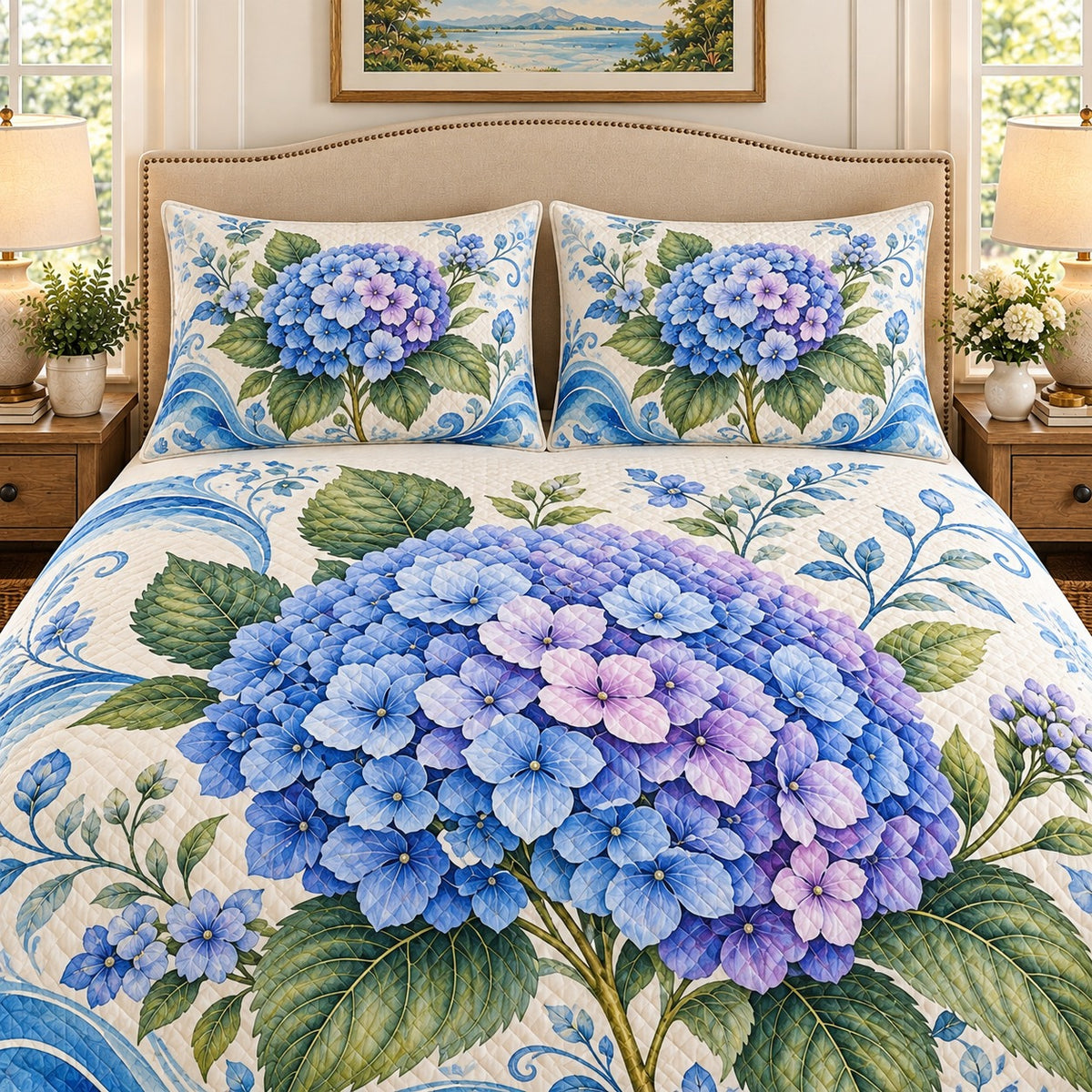 Blue hydrangea ocean wave quilt set, view 2, AI-generated product mockup