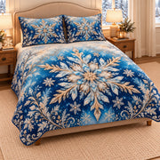 AI mockup, angled view of the winter snowflake quilt set and matching pillow covers.
