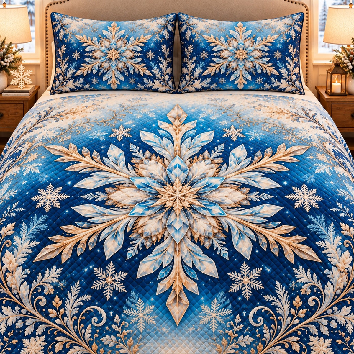 AI mockup, closer front view of the printed snowflake, frosted scrollwork and diamond quilting.