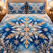 AI mockup, closer front view of the printed snowflake, frosted scrollwork and diamond quilting.