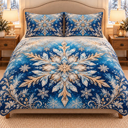Crystal Snowflake Quilt Set, Blue and Ivory Winter Bedding, Gift for Snowflake Lovers