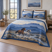 Blue Mesa Ride Horse Western Ranch Quilt Set, angled horse western ranch bedroom view