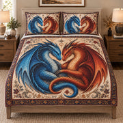 Blue Red Dragon Love Quilt Set: bedroom mockup showing the quilt design and coordinating pillow shams