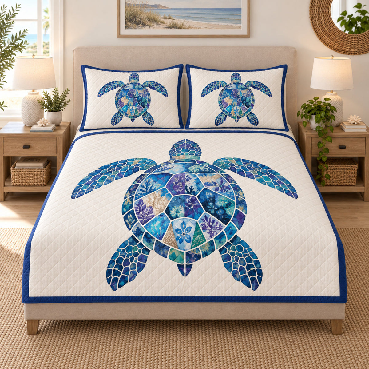 Blue Sea Turtle Coastal quilt design with coordinating pillow shams