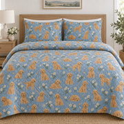Blue Stamped Doodle Goldendoodle Starry Garden Quilt Set, front goldendoodle starry garden bedroom view