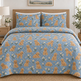 Blue Stamped Doodle Goldendoodle Starry Garden Quilt Set