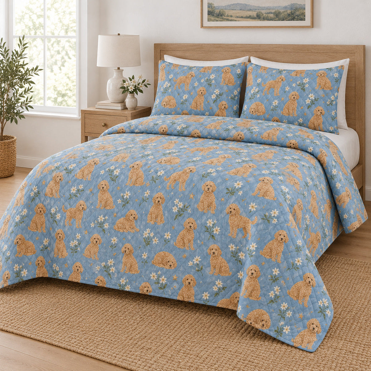 Blue Stamped Doodle Goldendoodle Starry Garden Quilt Set, angled goldendoodle starry garden bedroom view