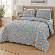 Blue Stamped Doodle Goldendoodle Starry Garden Quilt Set, angled goldendoodle starry garden bedroom view
