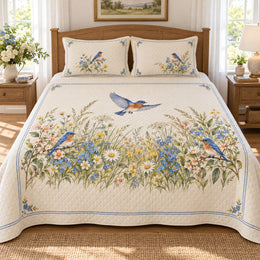 Bluebird Meadow Arch Quilt Set, Spring Floral Bedding and Bird Lover Gift