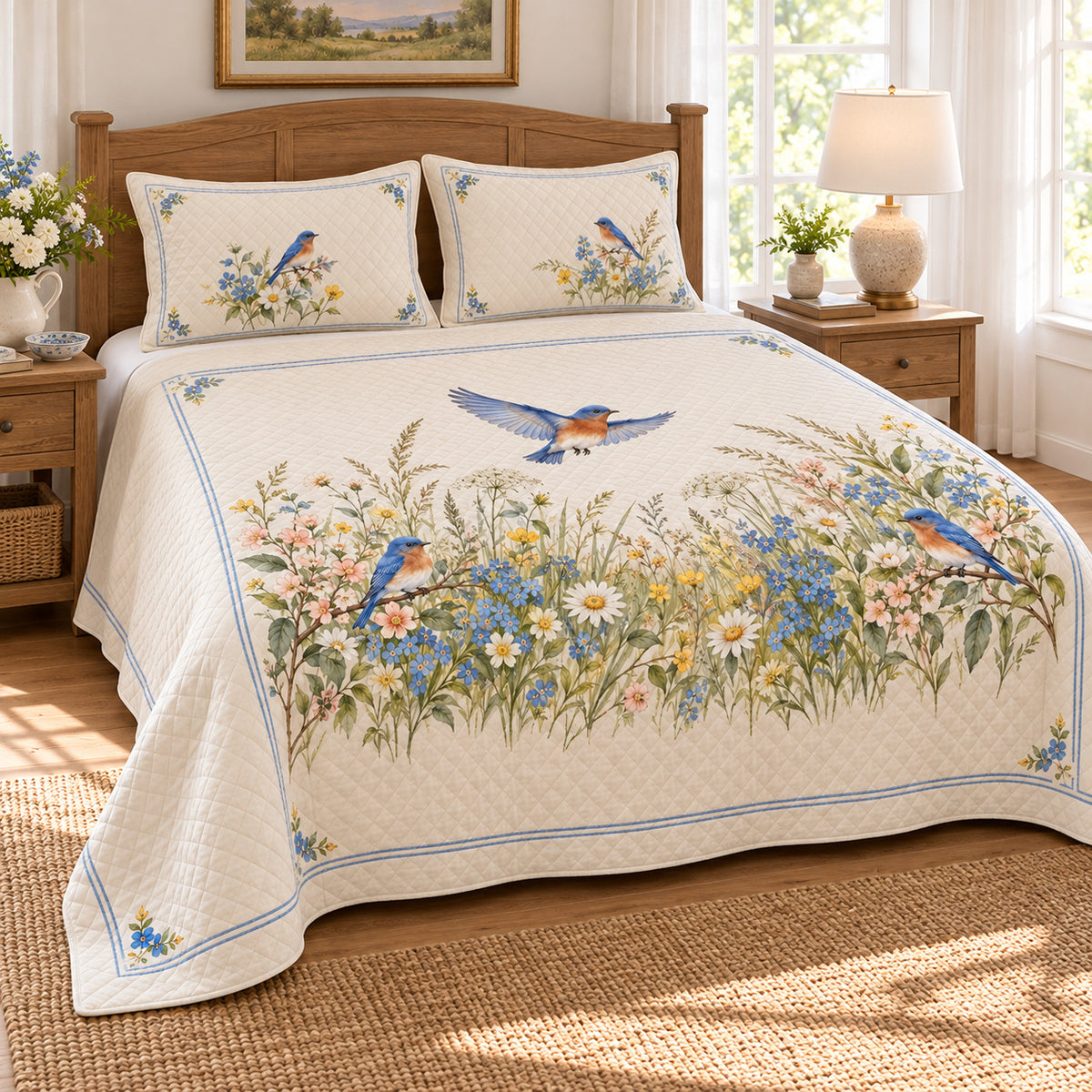 Bluebird Meadow Arch quilt set, left angle