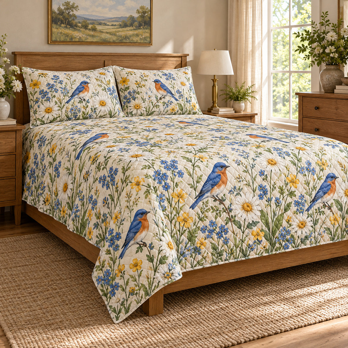 Bluebird Spring Meadow quilt set, left angle