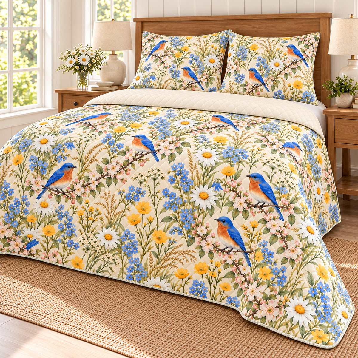 Bluebird Spring Meadow quilt set, right angle