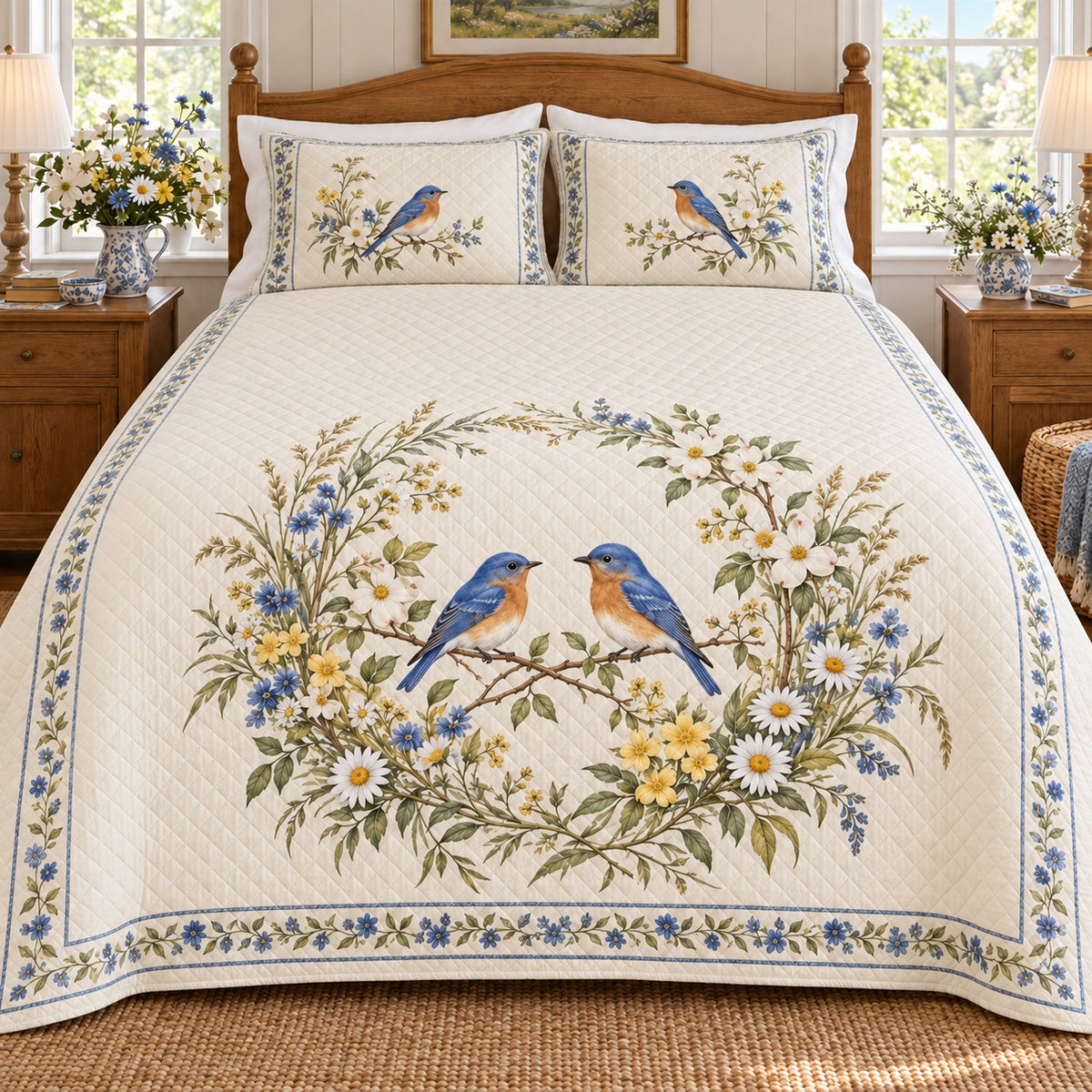 Bluebird Meadow Wreath quilt set, full front view