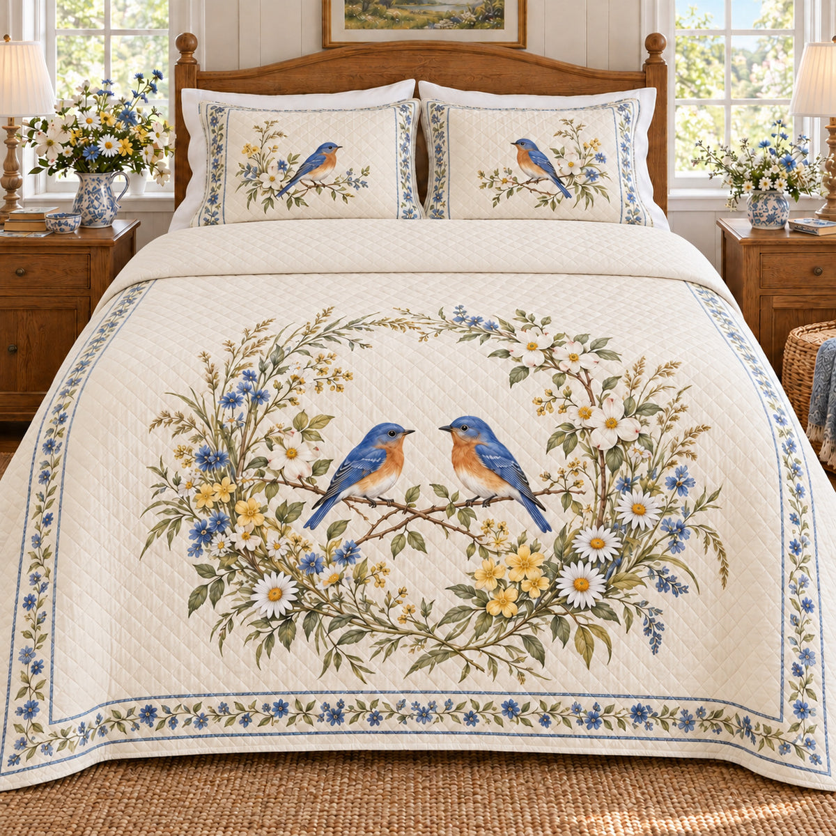Bluebird Meadow Wreath quilt set, styled front view