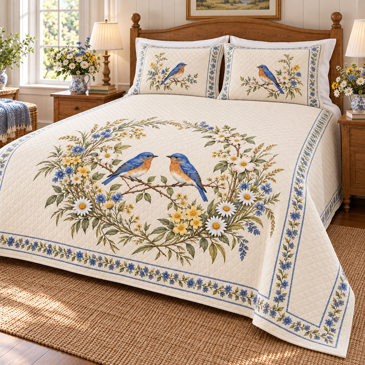 Bluebird Meadow Wreath quilt set, right angle