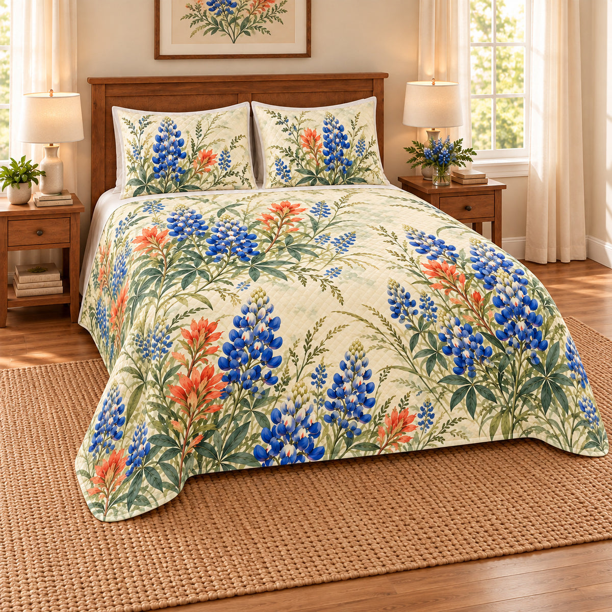 Bluebonnet floral quilt set, left angle